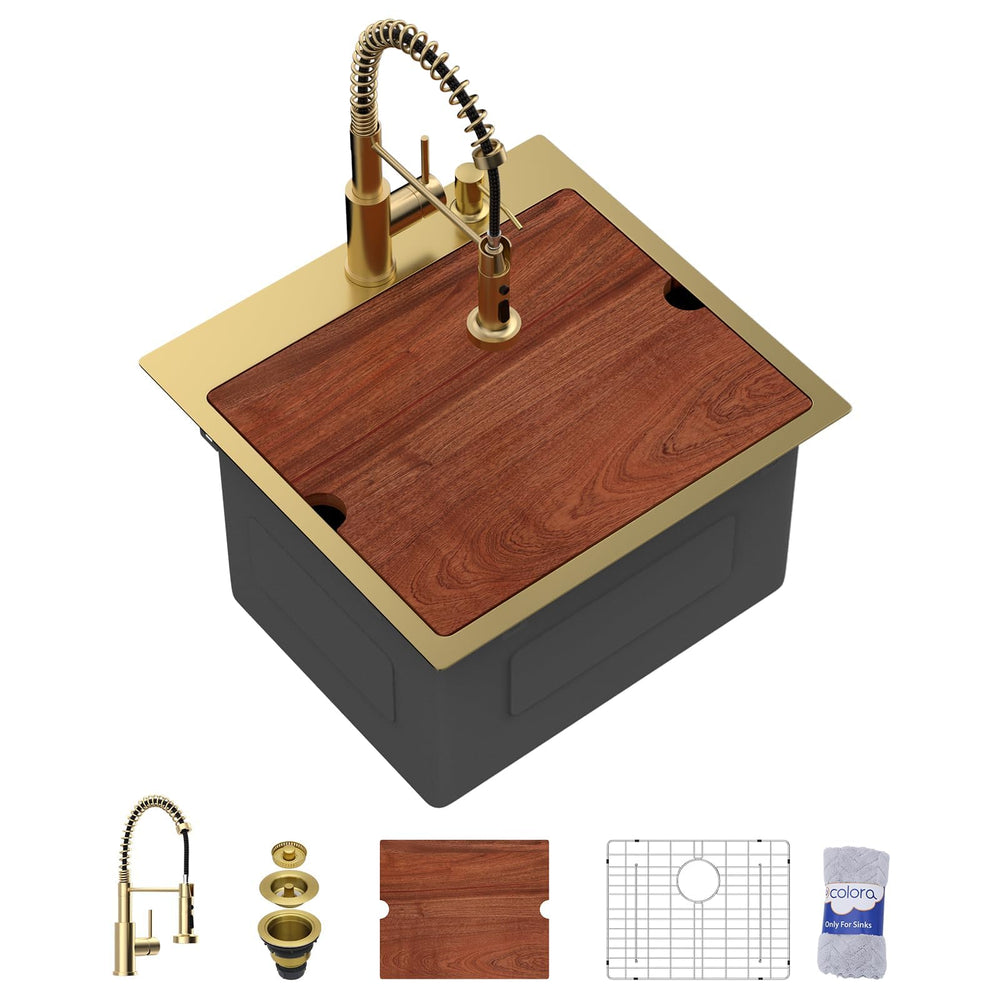 20" × 19" × 12" Gold Drop-In Workstation Stainless Steel Laundry / Utility Sink with Faucet – DC-SFDOE00182