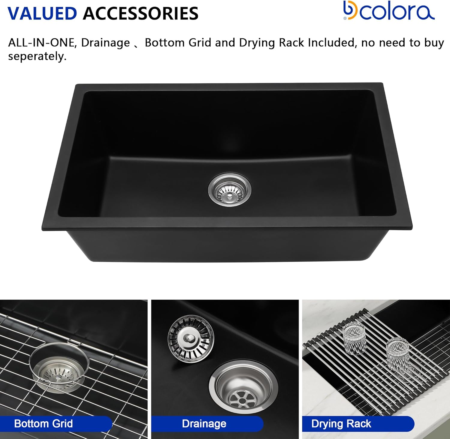 Dcolora 31''x18'' Black Quartz Composite Undermount Kitchen Sink, Deep Single Bowl Basin, Round Corner