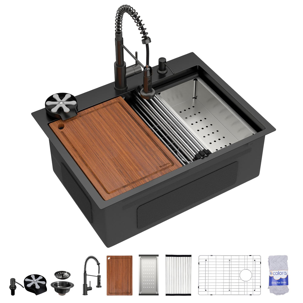28" × 21" Matte Black Drop-In Workstation Stainless Steel Kitchen Sink with Faucet & Cup Washer – DC-NSD26203016