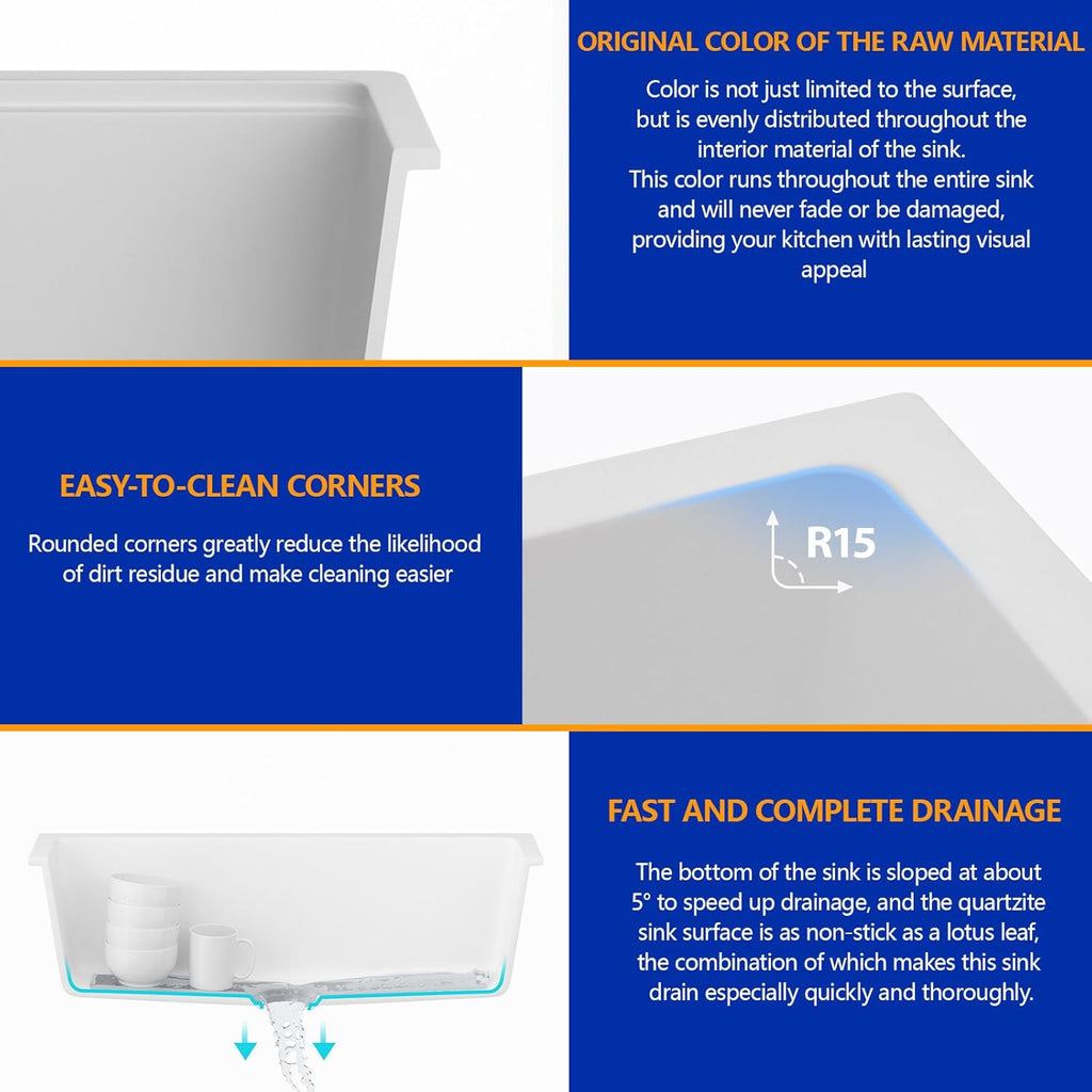 Dcolora 33''x19'' White Quartz Composite Undermount Kitchen Sink, Deep Single Bowl Basin, Round Corner