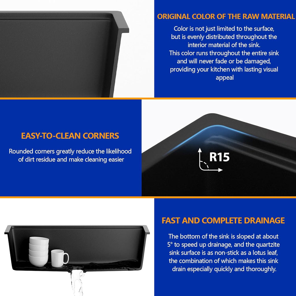 Dcolora 33 inches Granite Composite Kitchen Sink Workstation Black Undermount Single Bowl Large Kitchen Sink 33''W x 19''D x 10''H, DC-GU7743