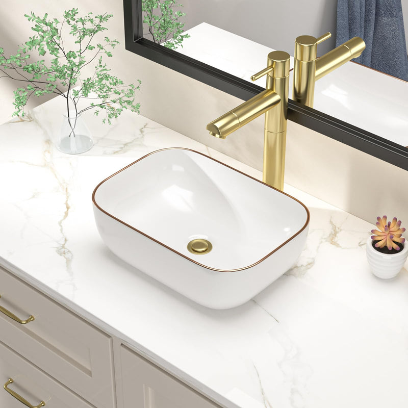 14.5" × 10" Rectangular White Ceramic Vessel Bathroom Sink with Gold Rim – DC-VS0003