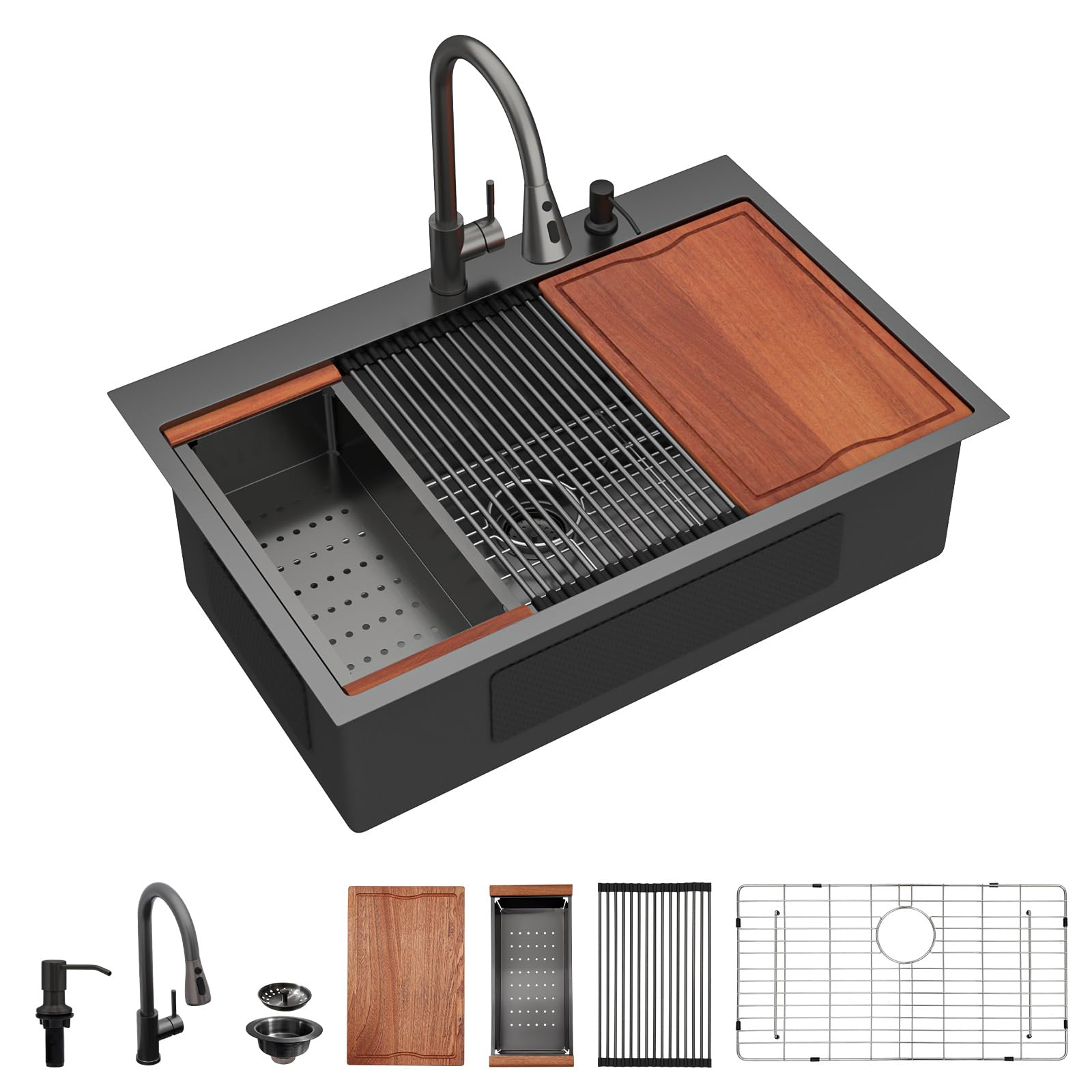Dcolora DC-NSDF26203201 30-inch drop-in kitchen sink in Nano-PVD gunmetal black