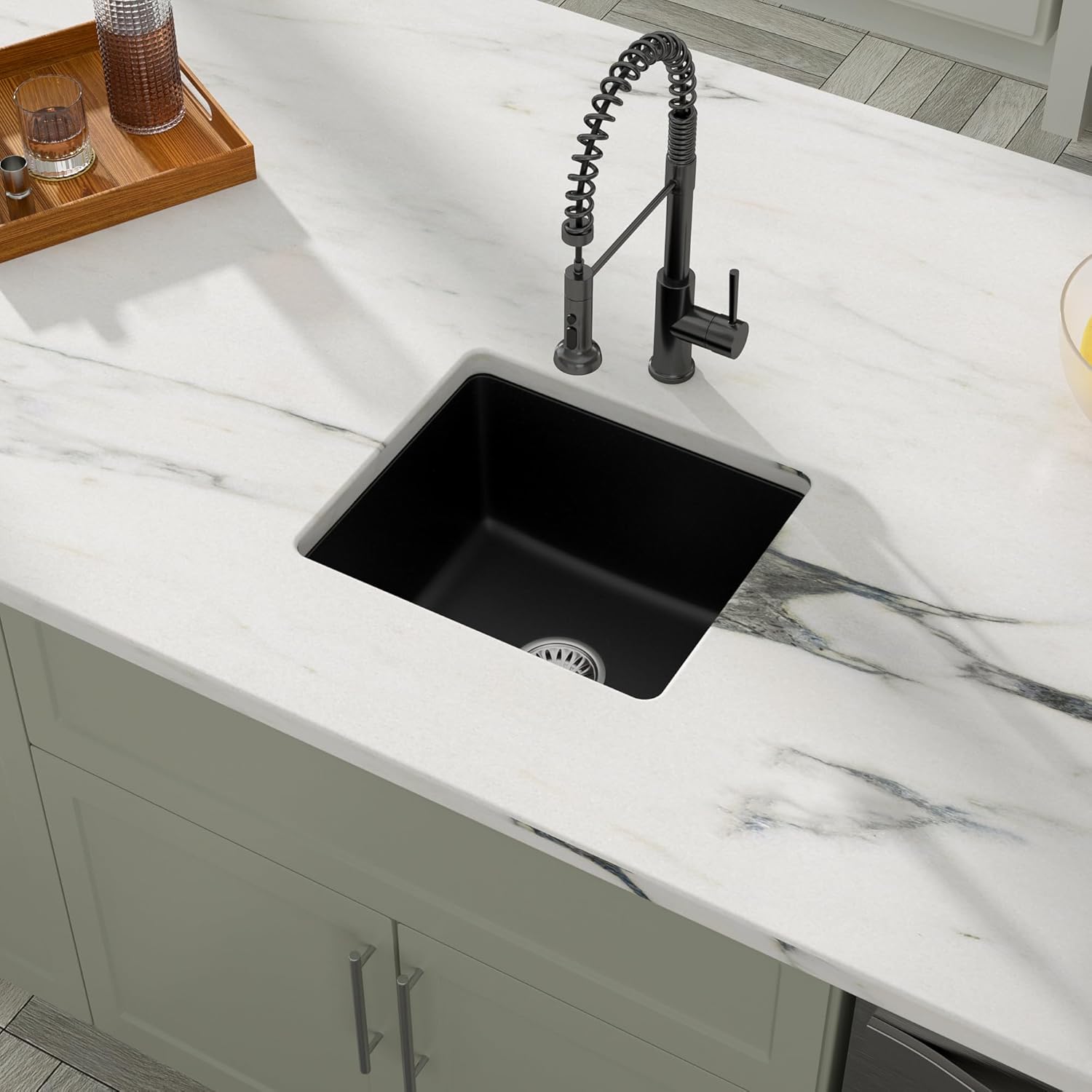 Dcolora 18 Inch Quartz Composite Black Wet Bar Sink Undermount Small Prep Kitchen Sink RV Single Bowl Under Counter, 18"x 16", DC-GU7746