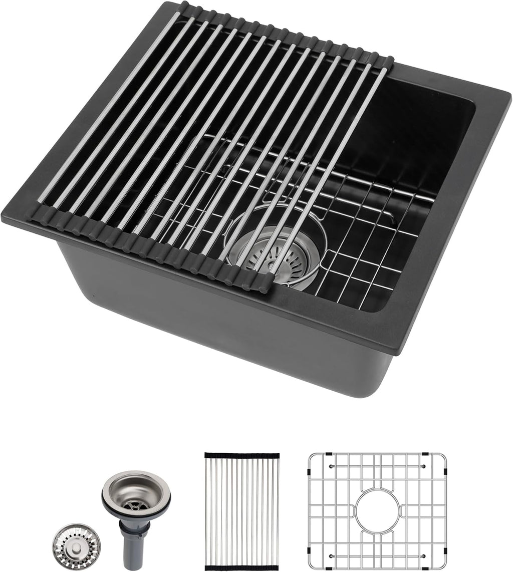 Dcolora 18''x16'' Black Quartz Composite Wet Bar Sink, Undermount Single Bowl Small Prep Kitchen Basin for RV