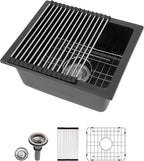 Dcolora 18''x16'' Black Quartz Composite Wet Bar Sink, Undermount Single Bowl Small Prep Kitchen Basin for RV