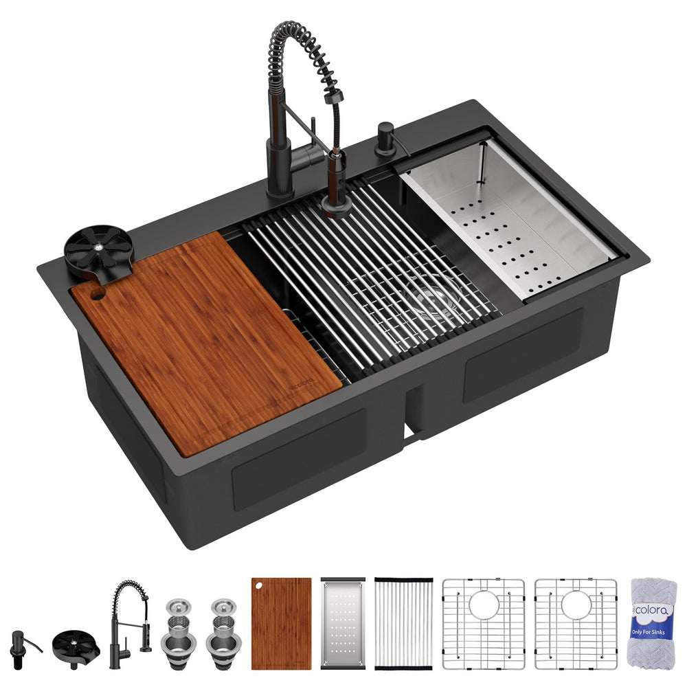 36" × 21" Matte Black Drop-In Workstation Stainless Steel Kitchen Sink with Faucet & Cup Washer – DC-SFDOE00137