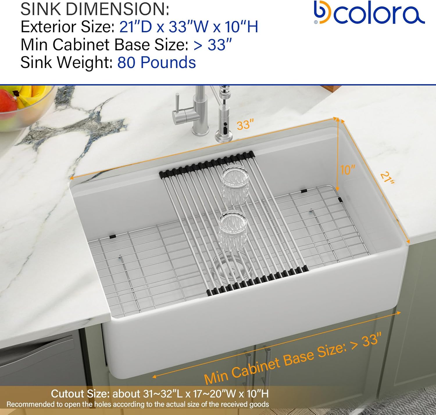 Dcolora 33''x20'' White Farmhouse Sink, Apron Front Fireclay Single Bowl Kitchen Basin