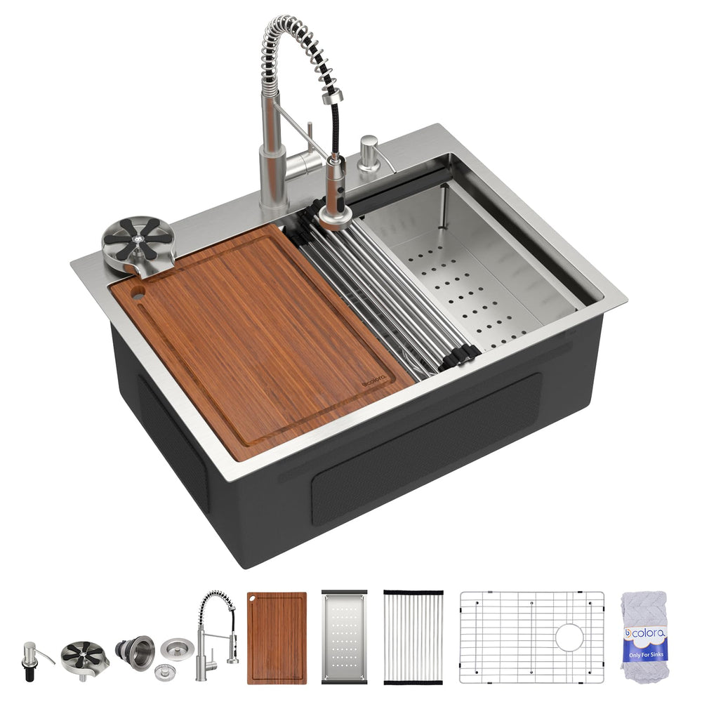 28" × 21" Drop-In Workstation Stainless Steel Kitchen Sink with Faucet & Cup Washer – DC-NSD26203019