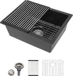 Dcolora 22''x17'' Black Quartz Composite Bar Sink, Undermount Single Bowl Small Kitchen Prep Basin for RV, Round Corner