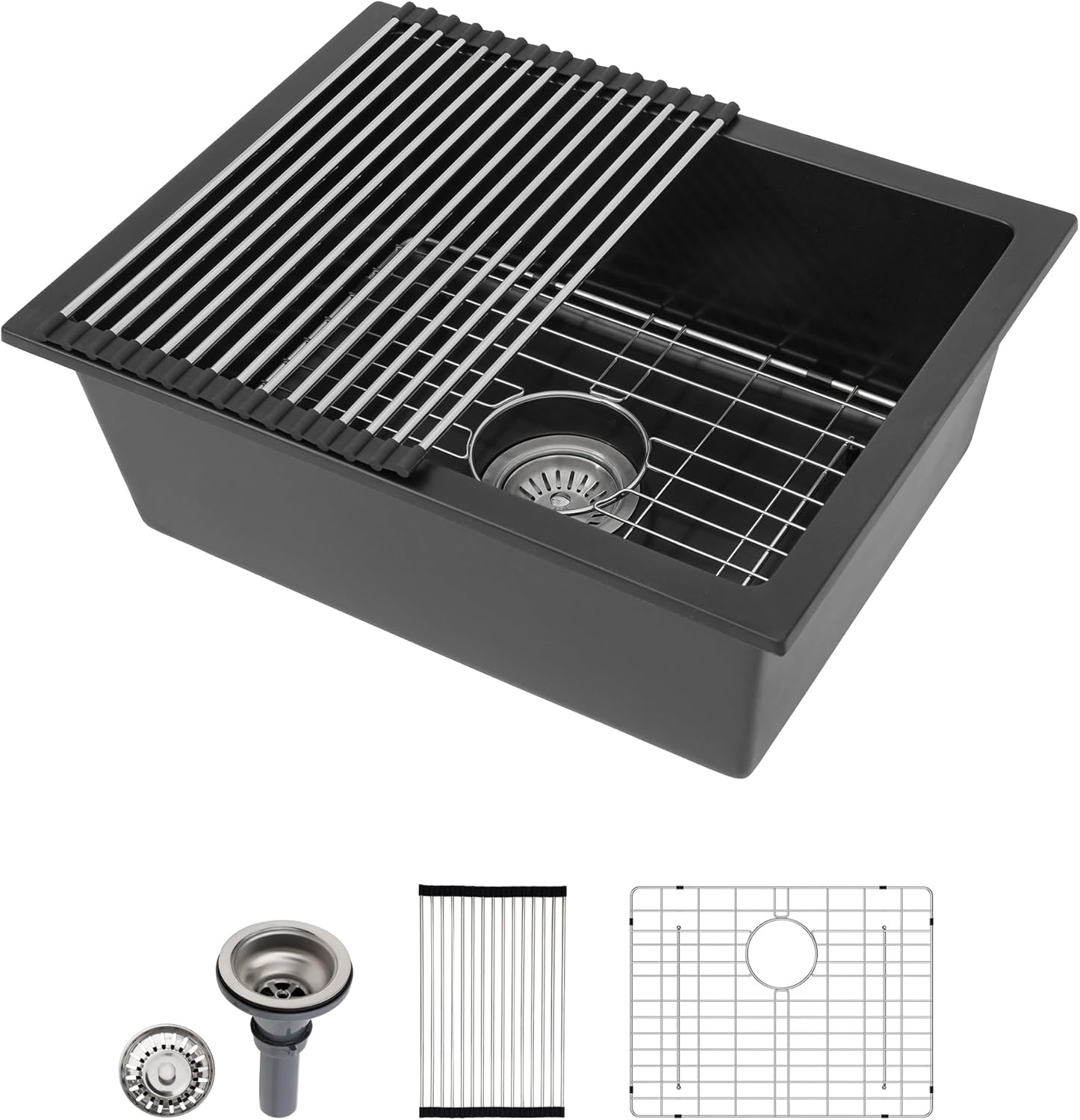 Dcolora 22 Inch Quartz Composite Bar Sink Black Undermount Small Kitchen Sink Prep RV Single Bowl Under Counter, Round Corner, 22"x17", DC-GU7747