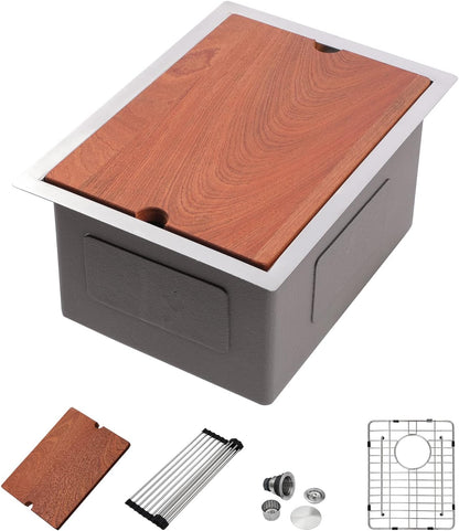 Dcolora 17 Inch Undermount Bar Sink Workstation Stainless Steel Kitchen Sink Bar Prep with Ledge Round Corner X Grooves 16 Gauge Single Bowl RV Camper DC-U7735