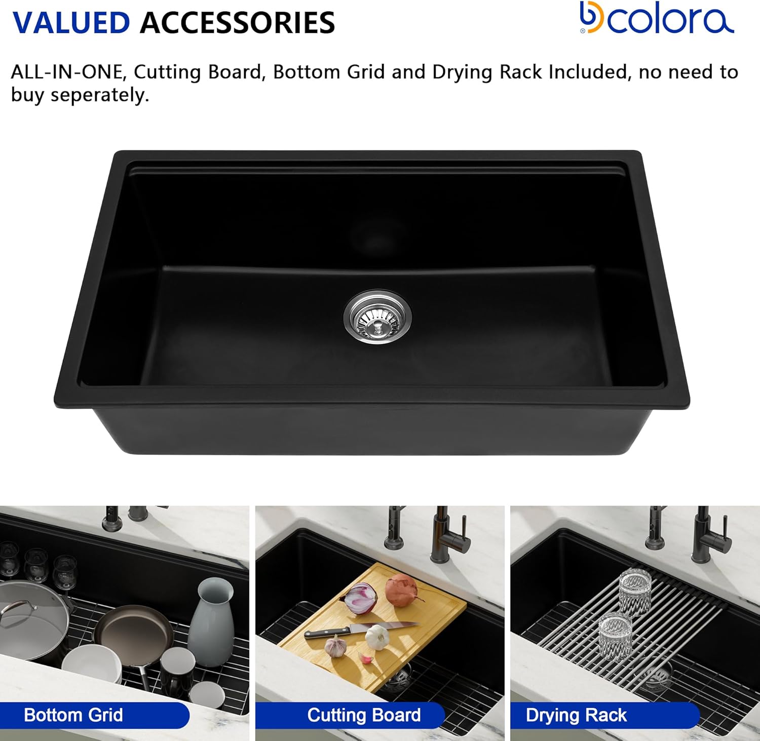 Dcolora 33 inches Granite Composite Kitchen Sink Workstation Black Undermount Single Bowl Large Kitchen Sink 33"W x 19"D x 10"H, DC-GU7743