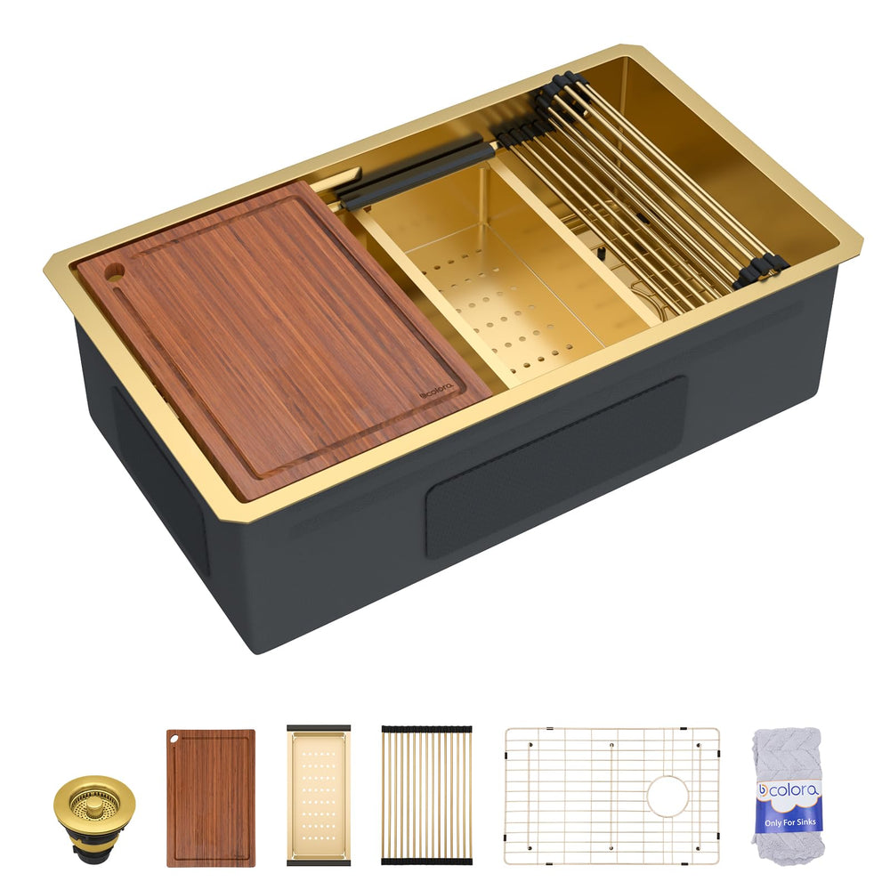 30" × 19" Gold Undermount Workstation Stainless Steel Kitchen Sink – DC-UWM262707