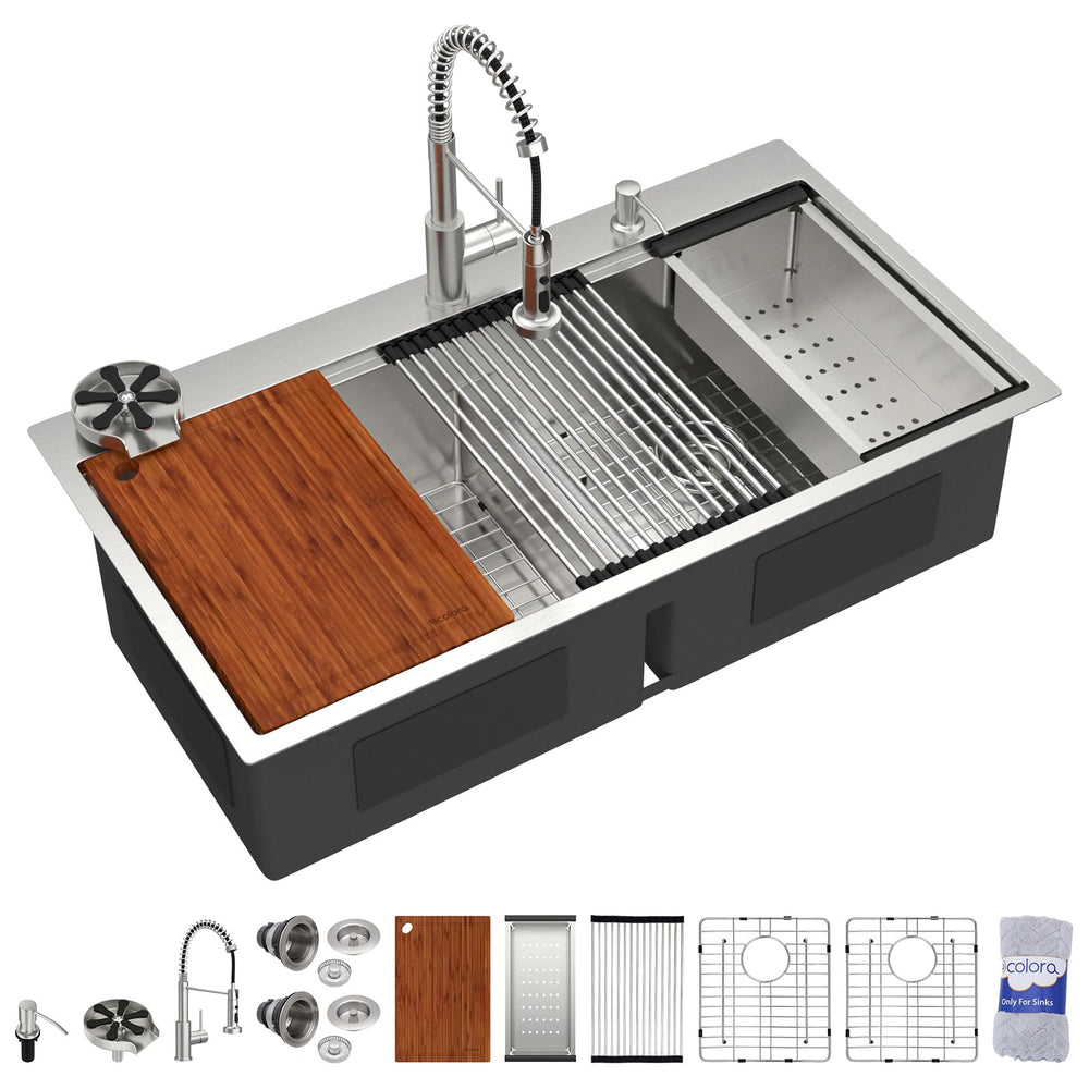 39" × 21" Drop-In Workstation Stainless Steel Kitchen Sink with Faucet & Cup Washer – DC-SFDOE00135