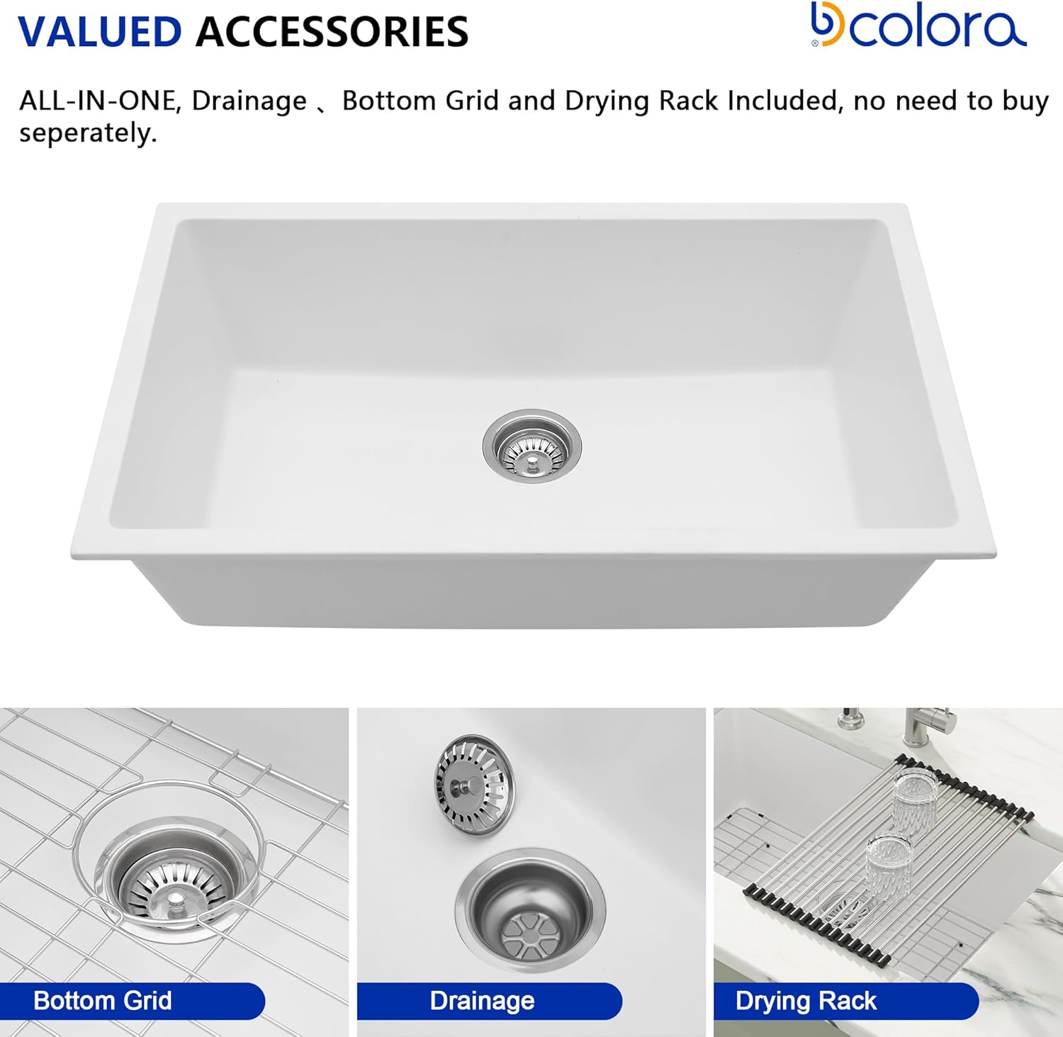 Dcolora 33''x19'' White Quartz Composite Undermount Kitchen Sink, Deep Single Bowl Basin, Round Corner