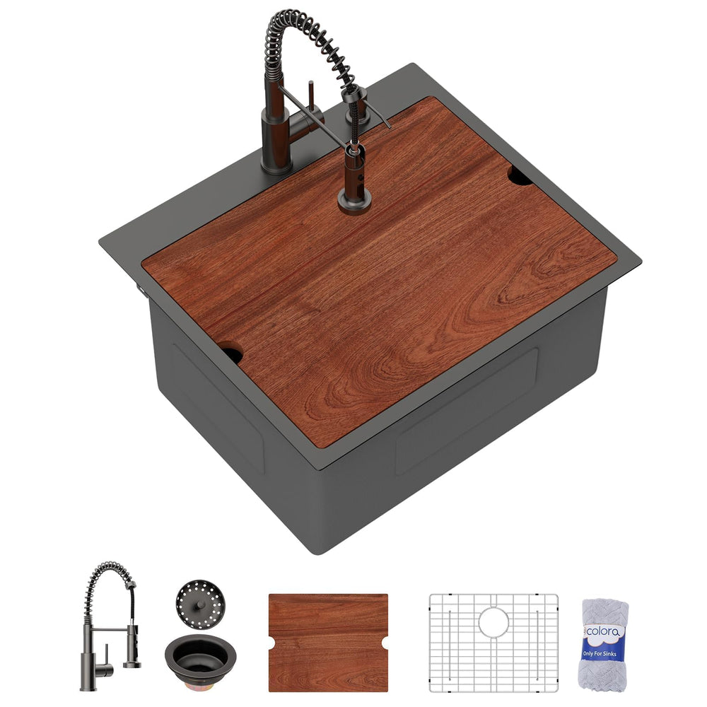 25" × 22" × 12" Matte Black Drop-In Stainless Steel Laundry / Utility Sink with Faucet – DC-SFDOE00184