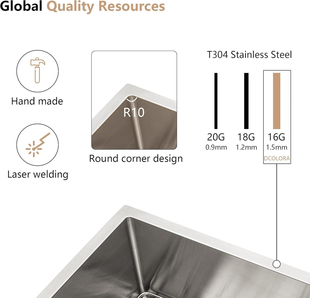 Dcolora 27''x18''x10'' Undermount Kitchen Sink, 16 Gauge Stainless Steel Deep Large Single Bowl Under Counter Basin, Rounded Corner