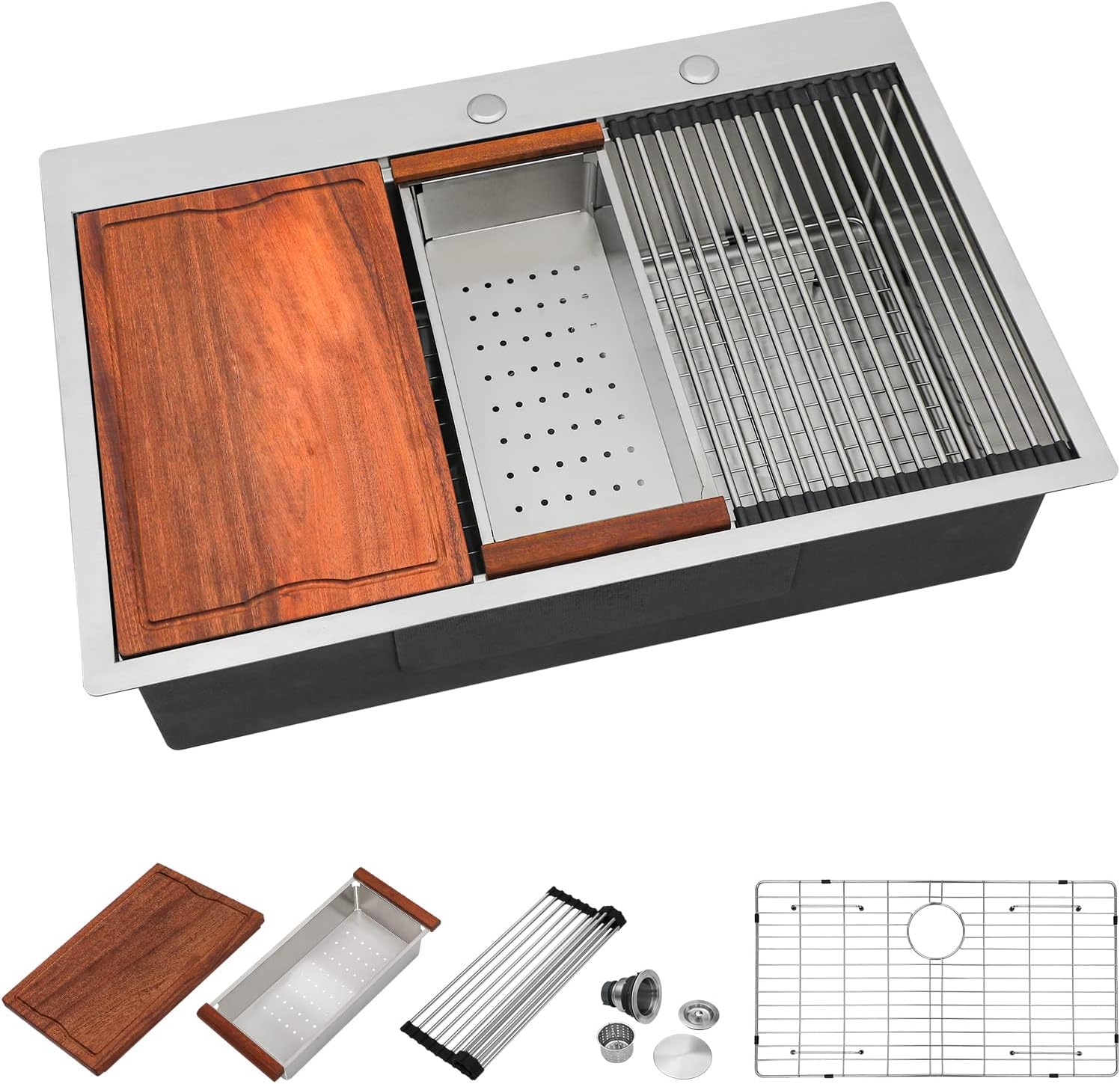 Dcolora 33x22 Drop In Kitchen Sink Workstation 16 Gauge 304 Stainless Steel Single Bowl Topmount Sinks, Round Corner 33"x22"x10", DC-T7741