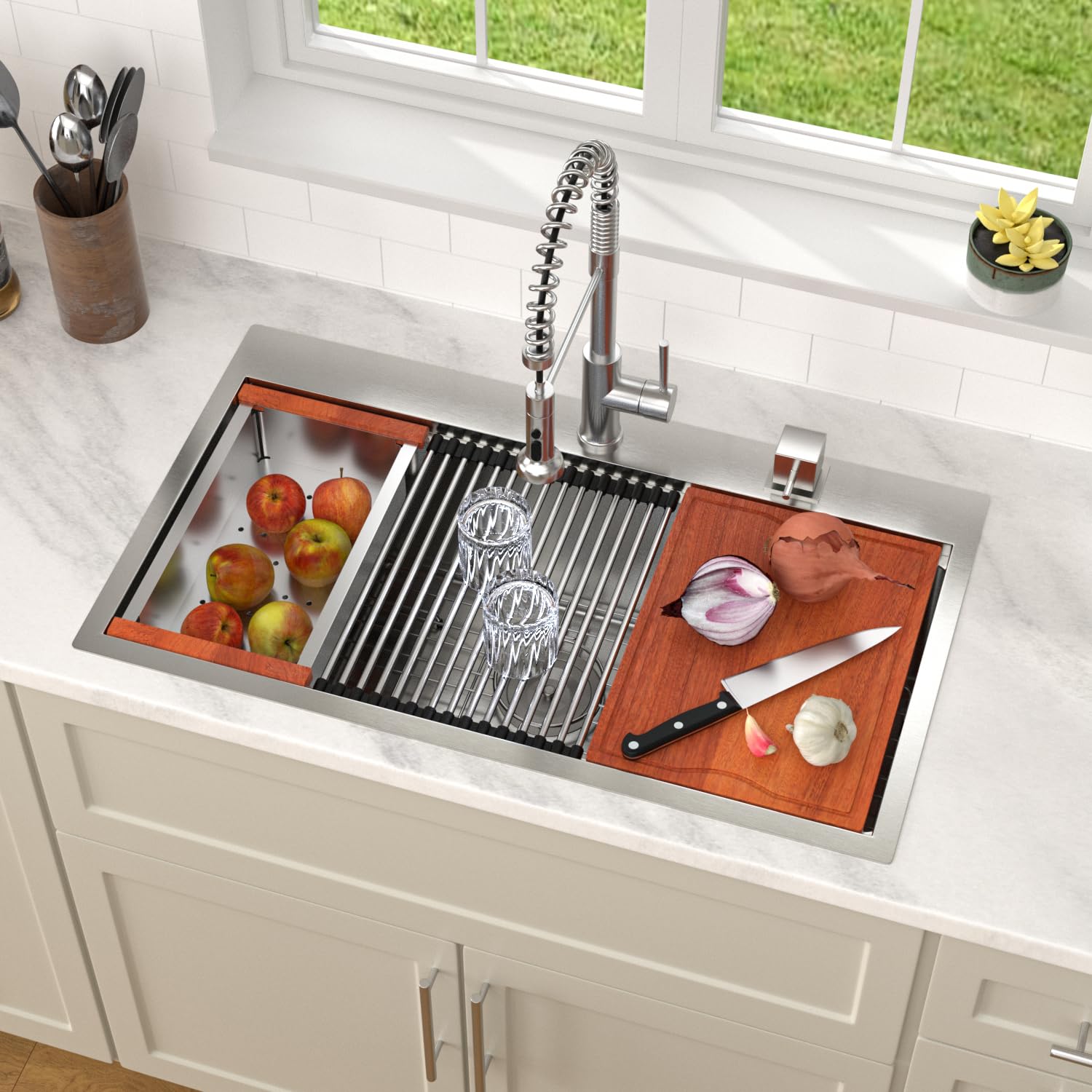 Dcolora DC-T7764 33-inch drop-in kitchen sink in brushed stainless steel