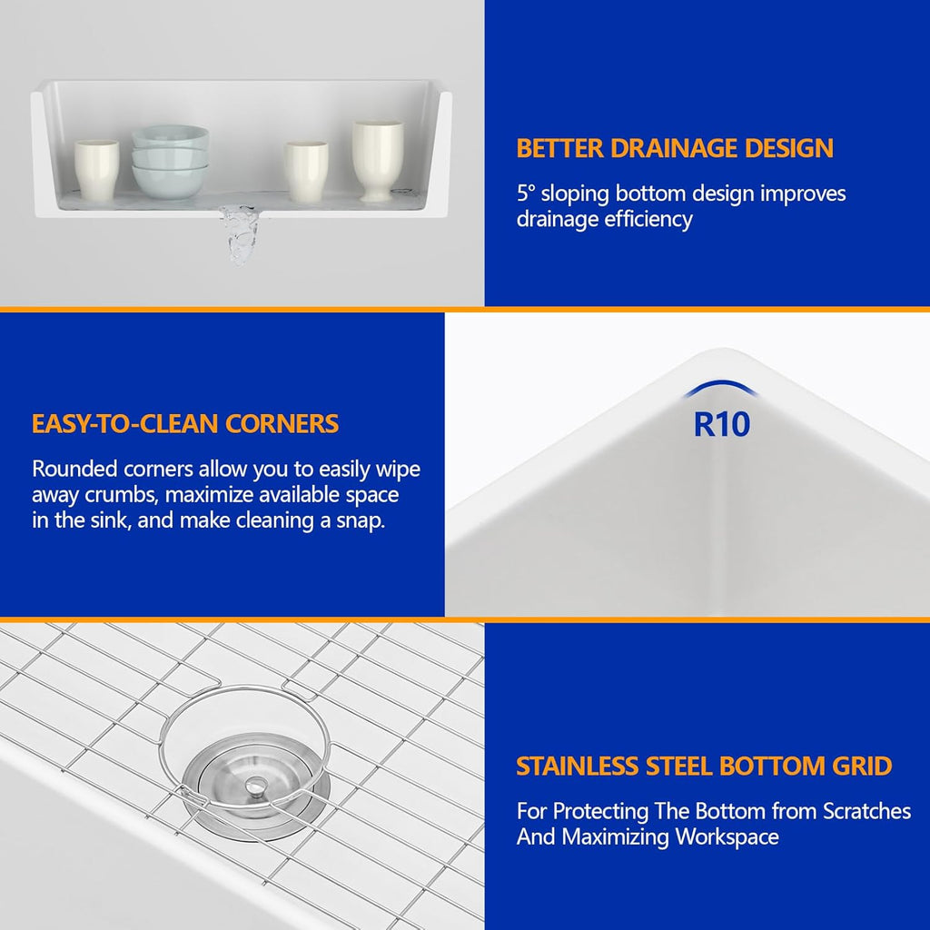 Dcolora 33 Inch White Farmhose Sink Farm Kitchen Sink Apron Front White Ceramic Porcelain Fireclay Single Bowl Farmer DC-A7756
