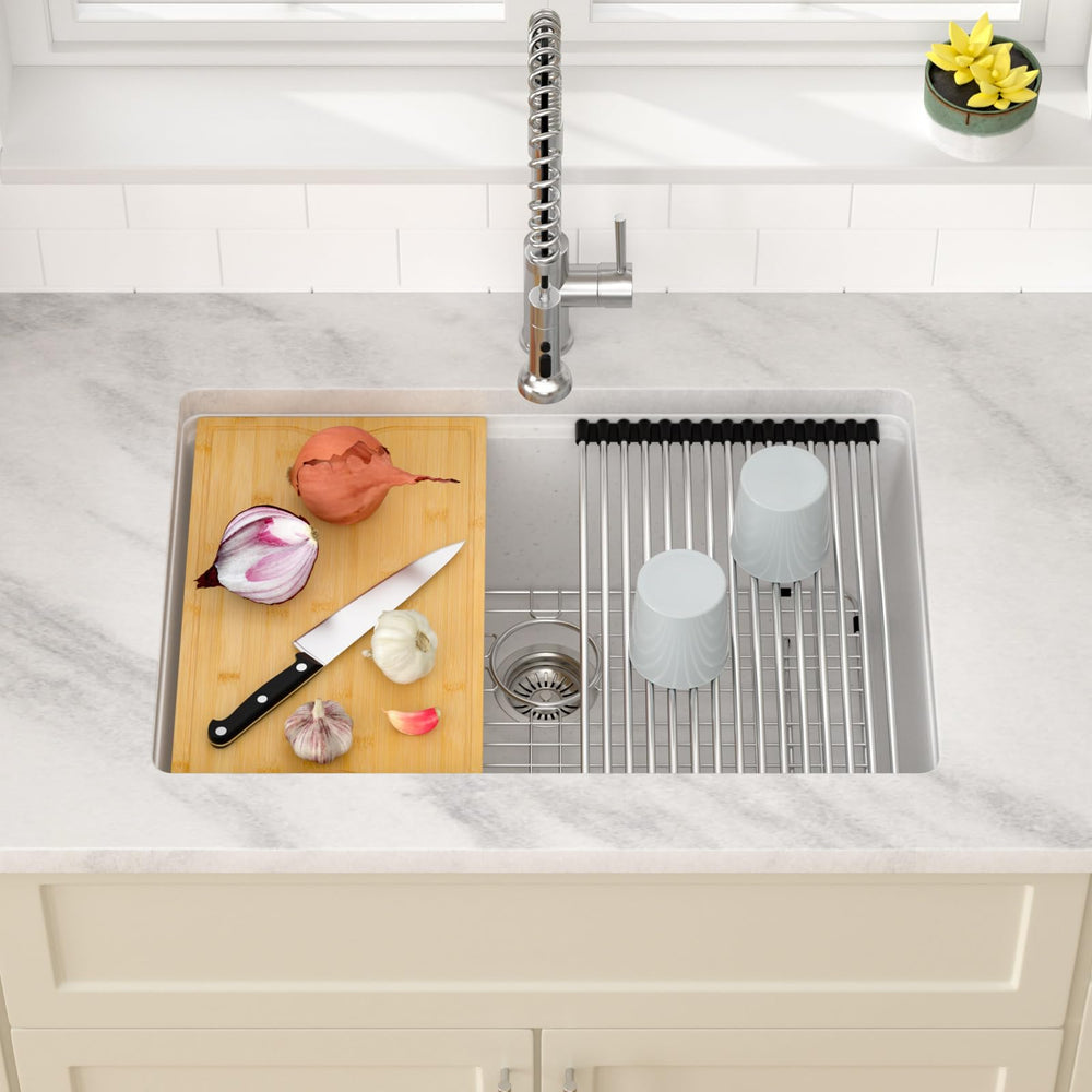 28" × 19" White Undermount Workstation Quartz Composite Kitchen Sink – DC-GU0003WS
