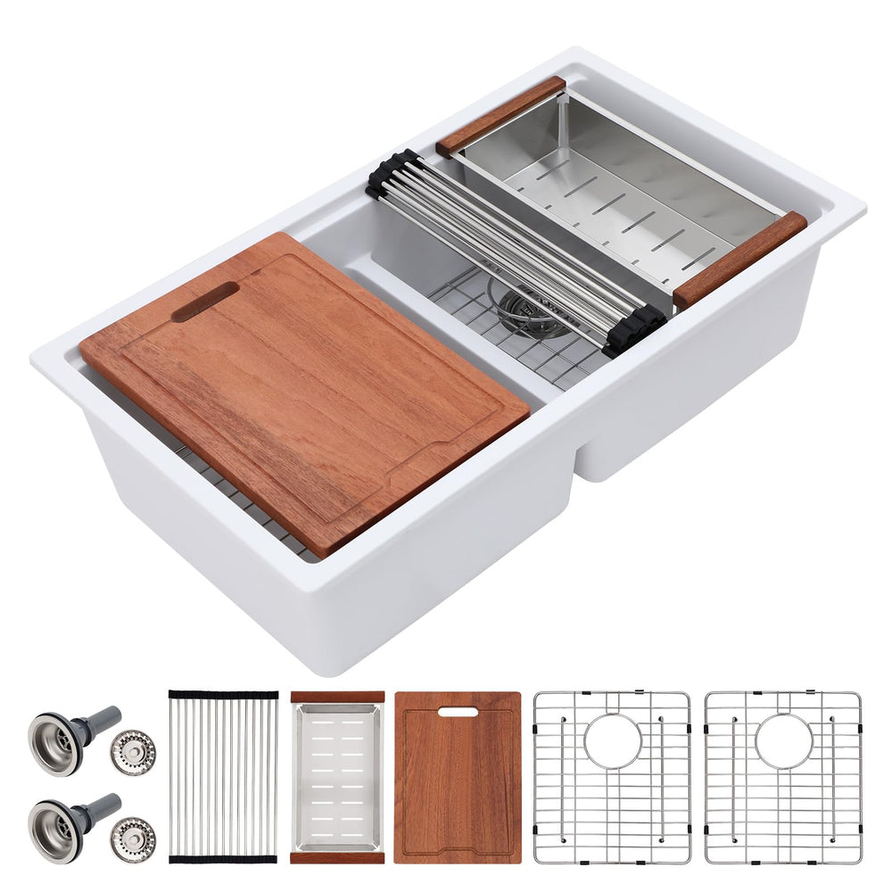 33" × 19" White Undermount Workstation Quartz Composite Kitchen Sink – DC-GX3327