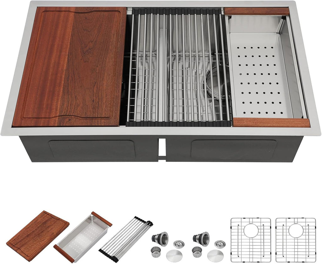 Dcolora 33''x19''x10'' Undermount Double Bowl Kitchen Sink Workstation, 16 Gauge Stainless Steel 50/50 Low Divide Split Basin