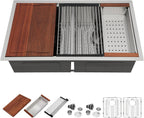 Dcolora 33''x19''x10'' Undermount Double Bowl Kitchen Sink Workstation, 16 Gauge Stainless Steel 50/50 Low Divide Split Basin