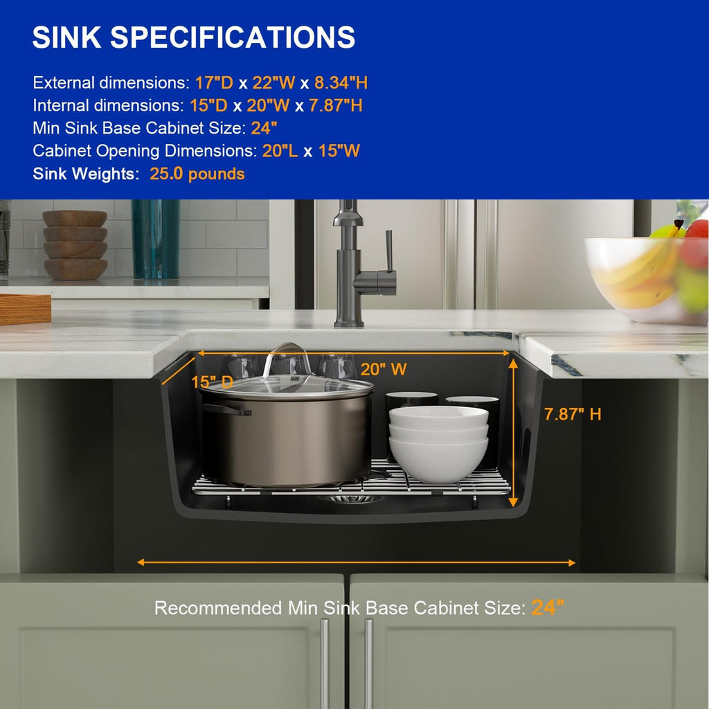 Dcolora 22''x17'' Black Quartz Composite Bar Sink, Undermount Single Bowl Small Kitchen Prep Basin for RV, Round Corner