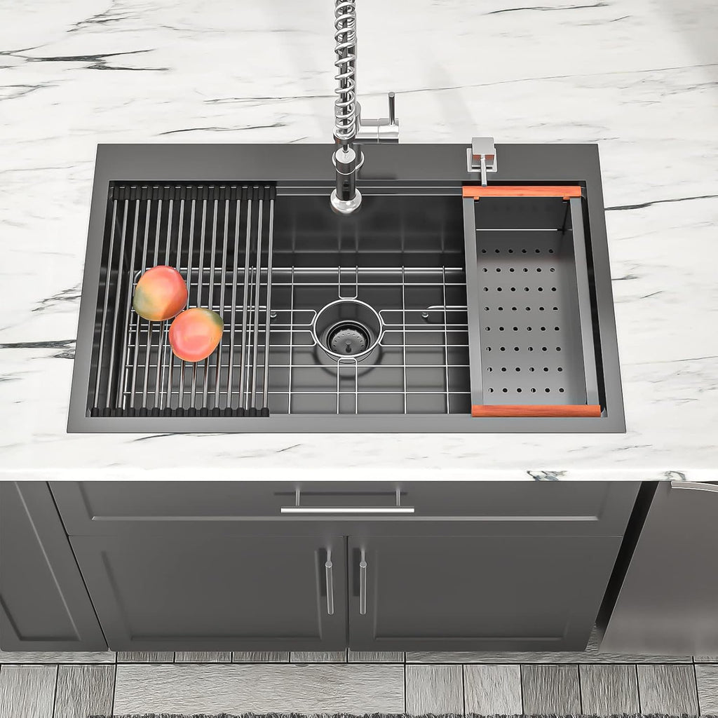 Dcolora 33'' Gunmetal Black Drop-In Kitchen Sink, 16 Gauge 304 Stainless Steel Single Bowl Topmount Workstation Extra Large Basin