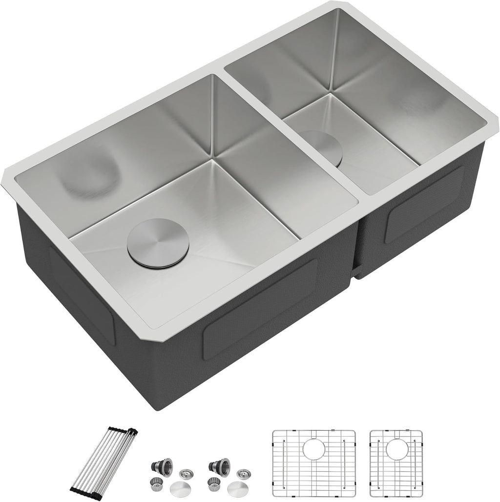 Dcolora 36''x19''x10'' Undermount Extra Large Double Bowl Kitchen Sink, 16 Gauge 304 Stainless Steel 60/40 Split Basin, Round Corner