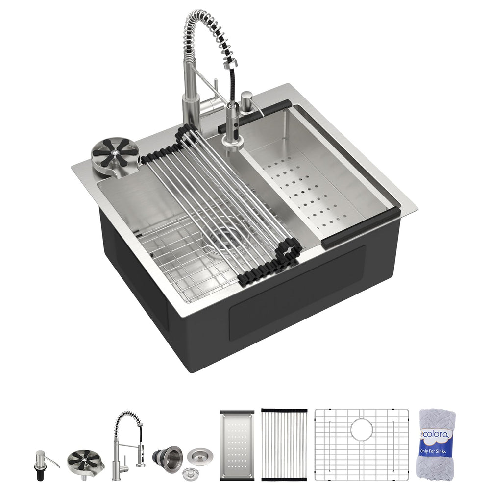 25" × 22" Drop-In Stainless Steel Kitchen Sink with Faucet & Cup Washer – DC-SFDOE00139