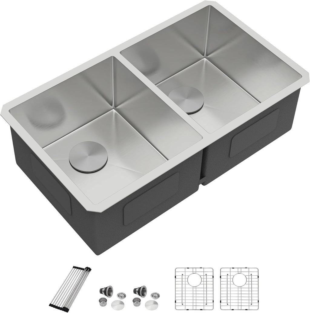 Dcolora 36" Extra Large Double Bowl Kitchen Sink Undermount 50/50 Split 16 Gauge 304 Stainless Steel Double Sinks, Round Corner 36"x19"x10" DC-U7740