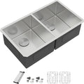 Dcolora 36" Extra Large Double Bowl Kitchen Sink Undermount 50/50 Split 16 Gauge 304 Stainless Steel Double Sinks, Round Corner 36"x19"x10" DC-U7740