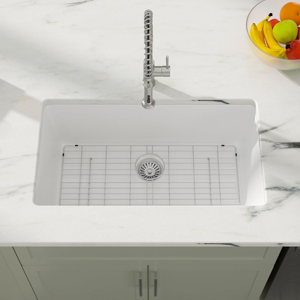 Dcolora 33''x19'' White Quartz Composite Undermount Kitchen Sink, Deep Single Bowl Basin, Round Corner