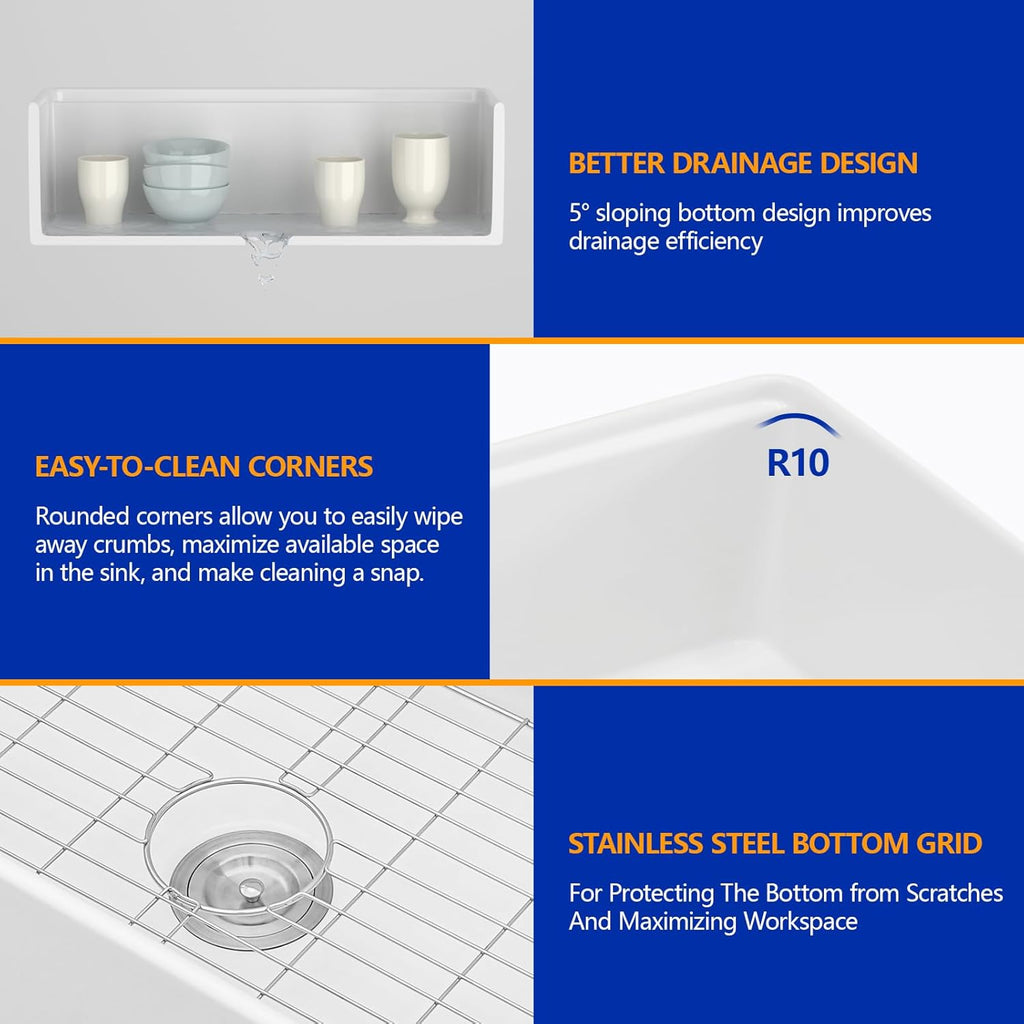 Dcolora 33''x20'' White Farmhouse Sink, Apron Front Fireclay Single Bowl Kitchen Basin