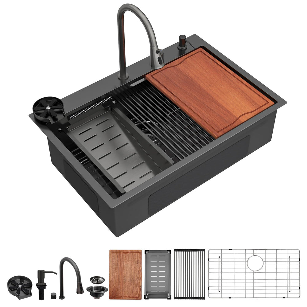 36" × 22" Gunmetal Black Drop-In Workstation Kitchen Sink – DC-SFDOE00023