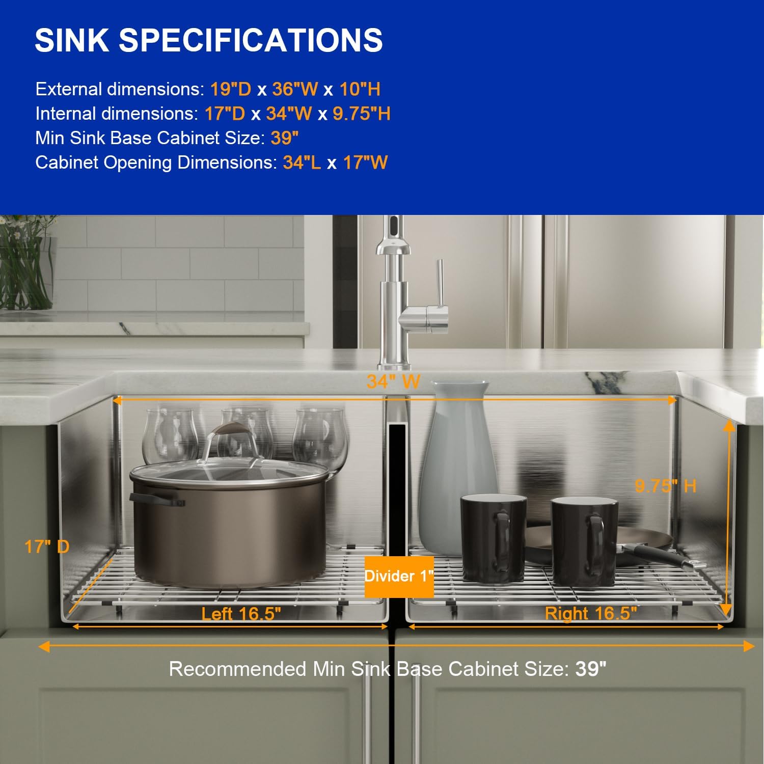 Dcolora 36" Extra Large Double Bowl Kitchen Sink Undermount 50/50 Split 16 Gauge 304 Stainless Steel Double Sinks, Round Corner 36"x19"x10" DC-U7740