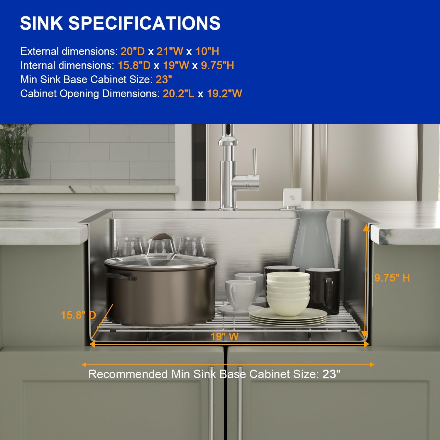 Dcolora 21 Inch Drop In Kitchen Prep Sink Workstation 16 Gauge Stainless Steel Topmount Wet Bar Camper Sinks Deep Single Bowl Utility Laundry, 21"x20"X10", Round Corner, DC-T7756