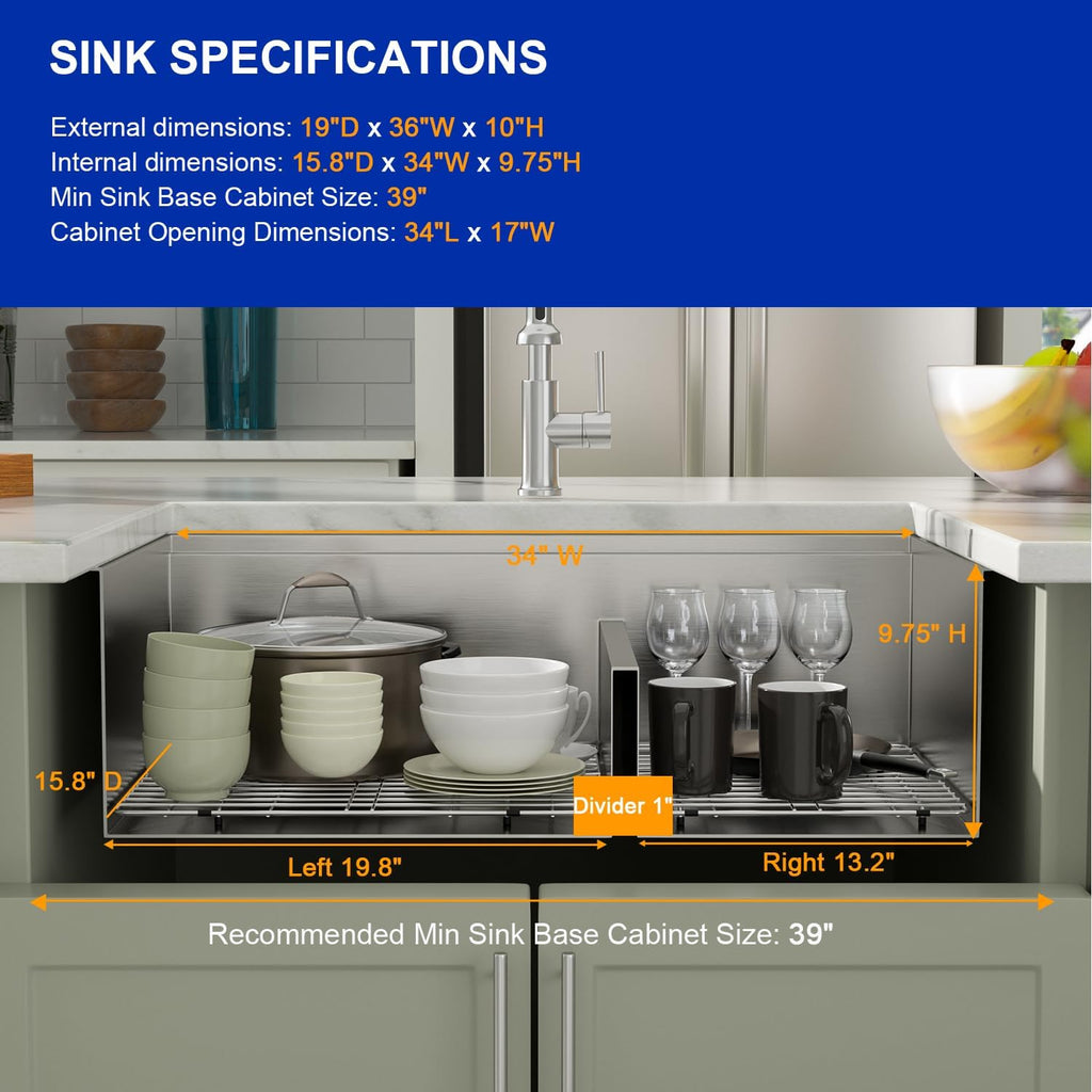 Dcolora 36''x19''x10'' Undermount Large Double Bowl Kitchen Sink, 16 Gauge Stainless Steel 60/40 Low Divide Split with Workstation