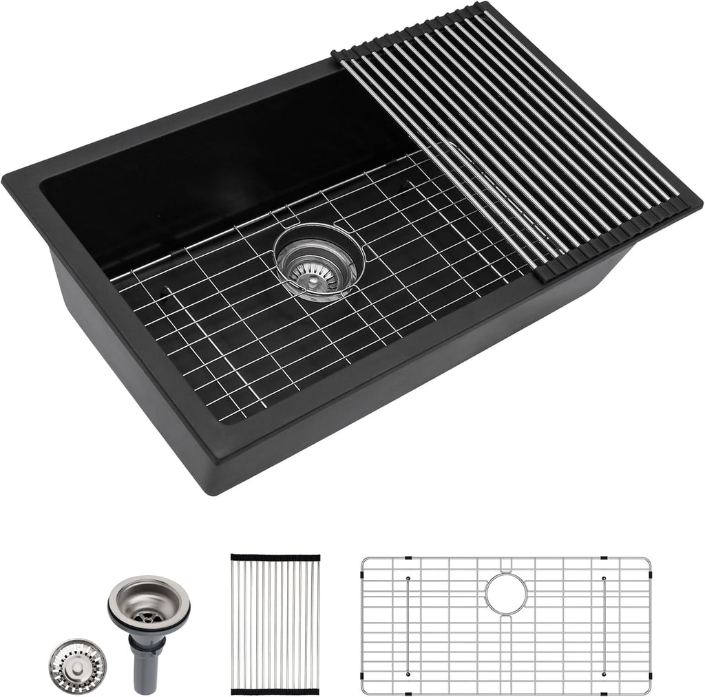 Dcolora 31''x18'' Black Quartz Composite Undermount Kitchen Sink, Deep Single Bowl Basin, Round Corner