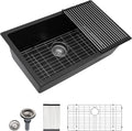 Dcolora 31''x18'' Black Quartz Composite Undermount Kitchen Sink, Deep Single Bowl Basin, Round Corner