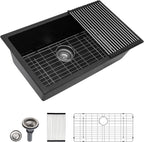 Dcolora 31''x18'' Black Quartz Composite Undermount Kitchen Sink, Deep Single Bowl Basin, Round Corner