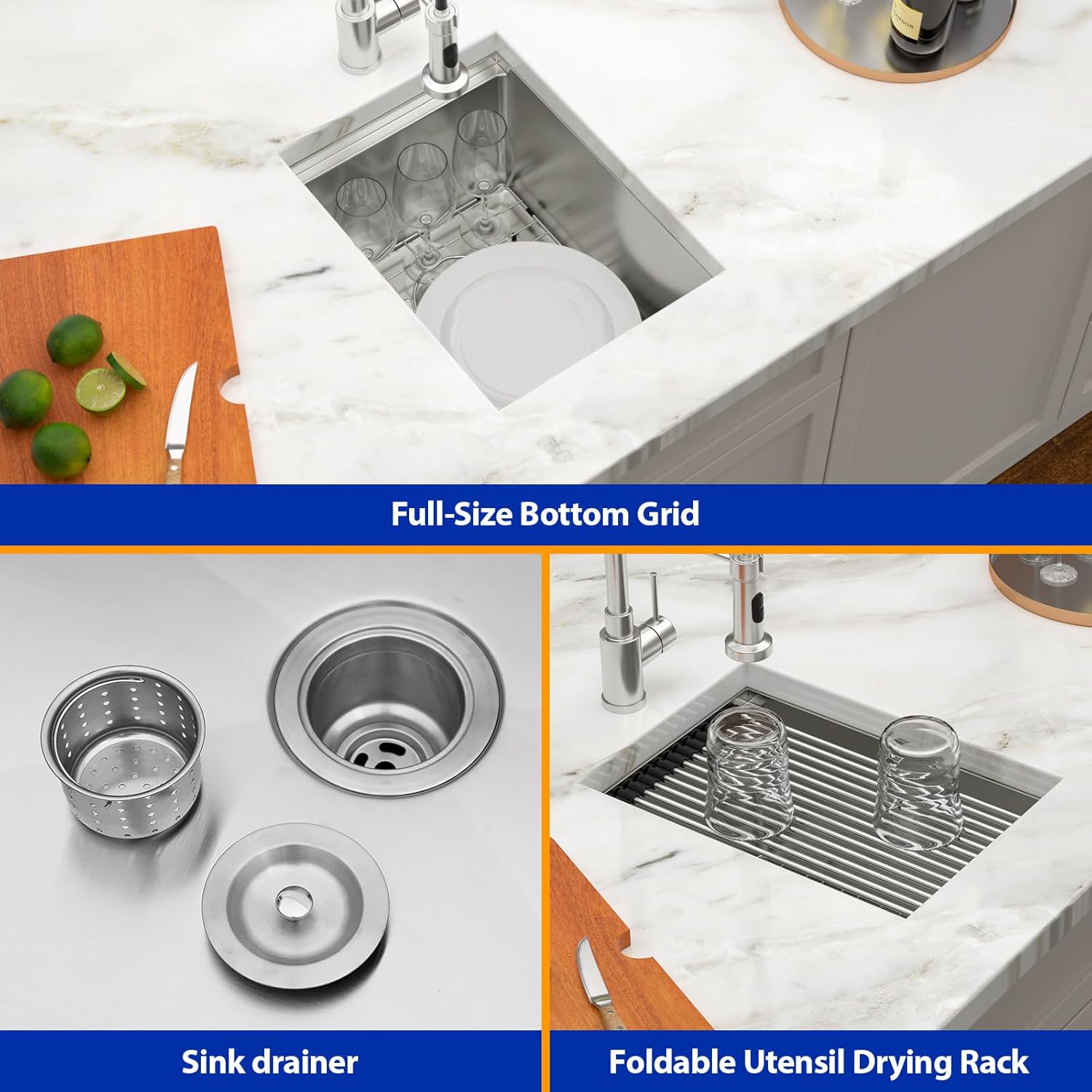 14 Undermount Bar Sink Workstation - Dcolora 14 Inch Stainless Steel Bar Prep Sink with Ledge Round Corner X Grooves Wood Cutting Board 16 Gauge Single Bowl RV Camper Kitchen Sink Basin