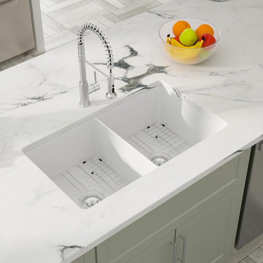 Dcolora 32''x19''x10'' White Undermount Kitchen Sink, 50/50 Split Double Bowl Fireclay Porcelain Dual Mount Ceramic Basin