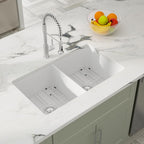 Dcolora 32''x19''x10'' White Undermount Kitchen Sink, 50/50 Split Double Bowl Fireclay Porcelain Dual Mount Ceramic Basin