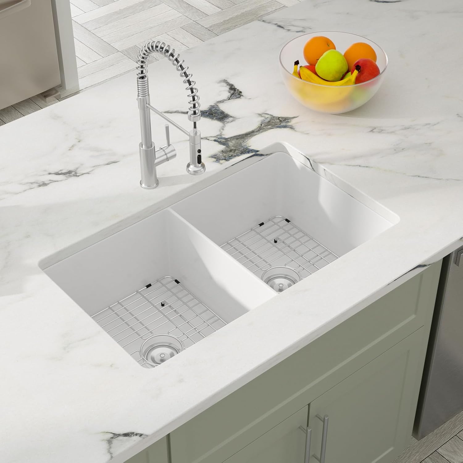 Dcolora 32 Inch White Fireclay Undermount Kitchen Sink Porcelain Double Bowl 50/50 Split Sinks Dual Mount Ceramic Sink Under Counter, 32''x19¡°x10'', DC-U7837