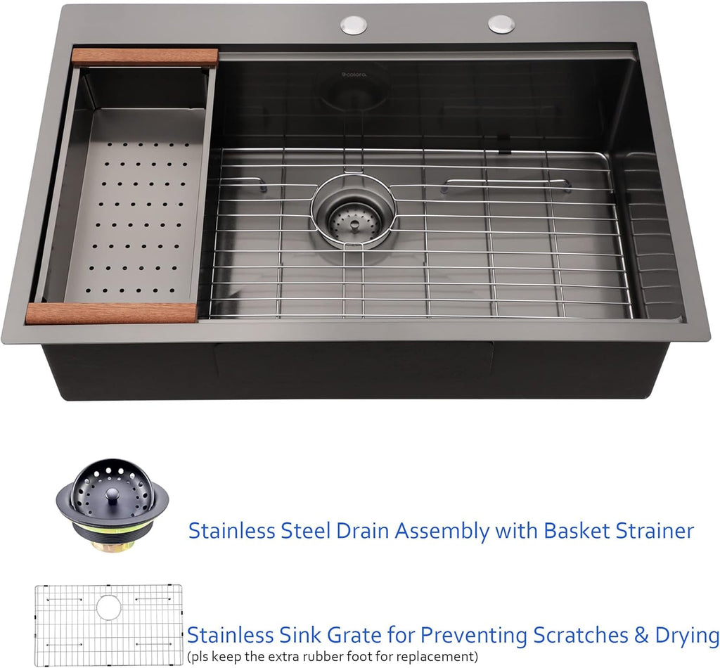 Dcolora 33'' Gunmetal Black Drop-In Kitchen Sink, 16 Gauge 304 Stainless Steel Single Bowl Topmount Workstation Extra Large Basin