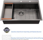 Dcolora 33'' Gunmetal Black Drop-In Kitchen Sink, 16 Gauge 304 Stainless Steel Single Bowl Topmount Workstation Extra Large Basin